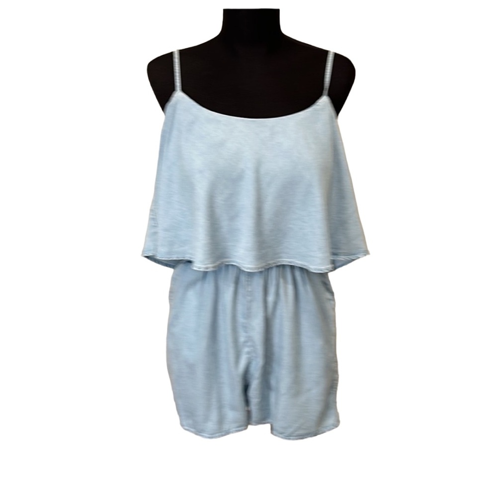 BERSKA Chambray Denim Shorts Romper Spaghetti Strap Off Shoulders NEW With Tag